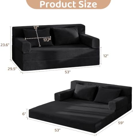 BYBYME Convertible Sofa Bed, 6” Thick 3-Folding Floor Sofa, 53” Loveseat