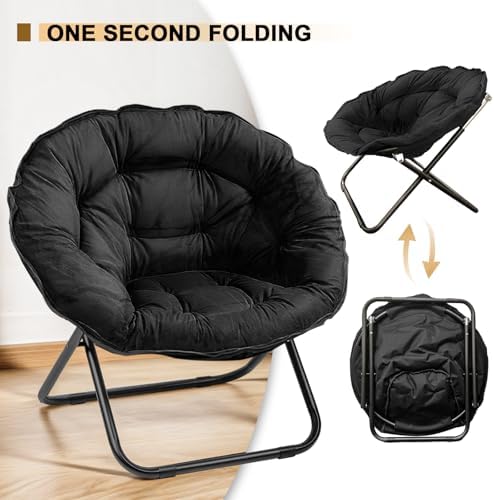 Grezone Folding Saucer Chair, Oversized Lazy Moon Chair with Metal Frame, Com...