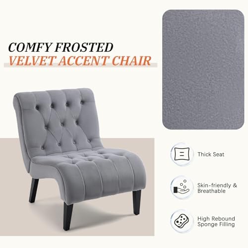 AVAWING Armless Tufted Velvet Accent Chair with Wood Legs, Grey