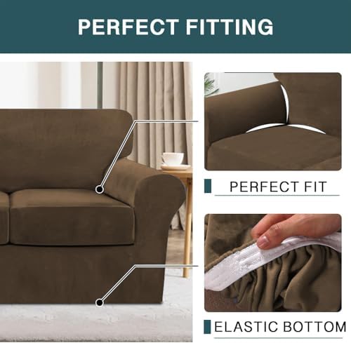 FantasDecor 4 Piece Sofa Velvet Couch Covers, Sofa, Bronze Brown | 3 Cushion,...
