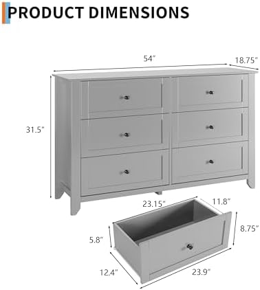 GarveeHome Grey 6 Drawer Dresser for Bedroom