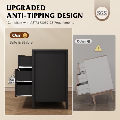 WLIVE Black Dresser 6 Drawers for Bedroom, Wood Dresser TV Stand for 55" TV