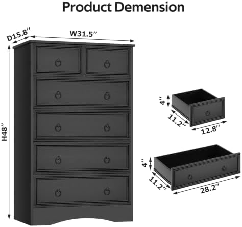 VVFLU 48'' Tall Black Dresser with 6 Drawers Chest of Drawers for Bed...