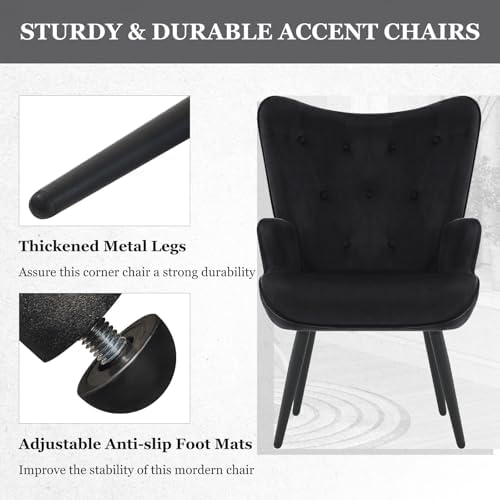 Furnimart Black Velvet Accent Chair Mid Century Modern Living Room Chairs; Co...