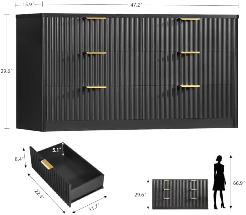 TEENFON Fluted 6 Drawer Dresser for Bedroom, Wide Modern Chest of Drawers wit...
