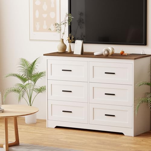 GEPELCN Farmhouse Dresser for Bedroom 6 Drawers Dresser with Power Outlets Ru...