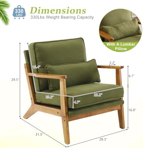 VINGLI Solid Wood Wide Armrests Accent Chair,Upholstered Mid Century Modern C...