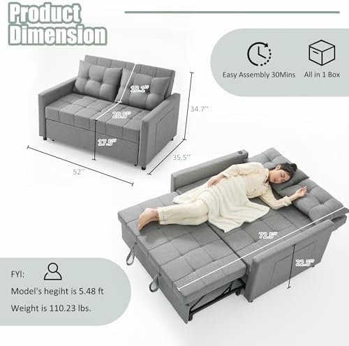 GOSUHI 52" 3-in-1 Convertible Sleeper Sofa Bed, Linen, Light Gray