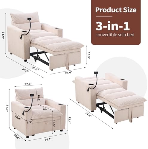 HAOMARKETS Corduroy Sleeper Sofa Bed with Cup Holders, 3-in-1 Convertible Pul...