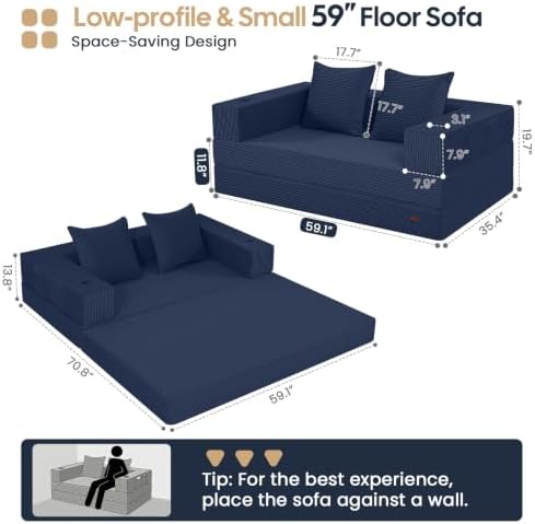 COMAX Boneless Futon Sofa Bed, 59" Small Low-Profile Floor Couch, Navy