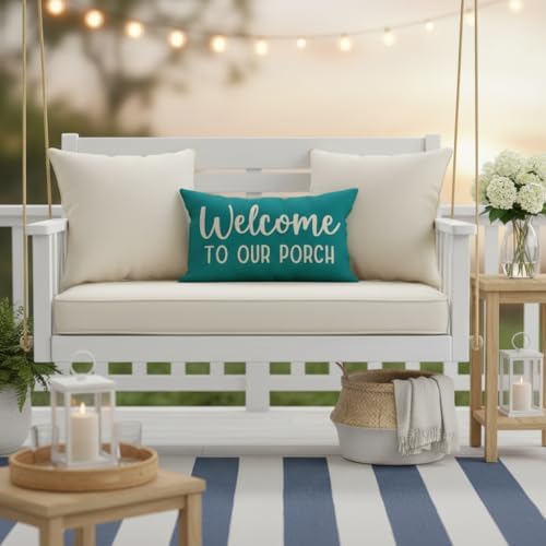 PANDICORN Farmhouse Throw Pillow Covers 12x20 Welcome to Our Porch, Teal | Outdoor Boho Decorations Lumbar Decorative Cushion Case for Home Sofa Couch Front Porch Patio Decor