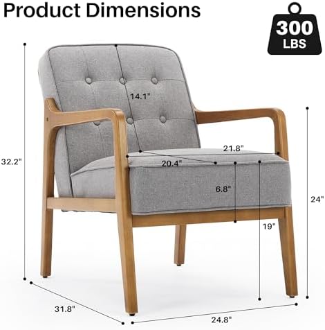 SOFTHION Linen Mid Century Modern Chair with Solid Wood Frame, Grey