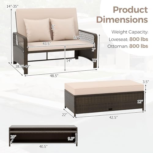 LDAILY Moccha Outdoor Daybed, PE Rattan Double Chaise Lounge w/ 4-Level Adjus...