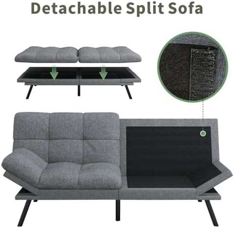 MUUEGM 71-Inch Futon Sofa Bed, Convertible Loveseat Sleeper | Airy Light Gray...