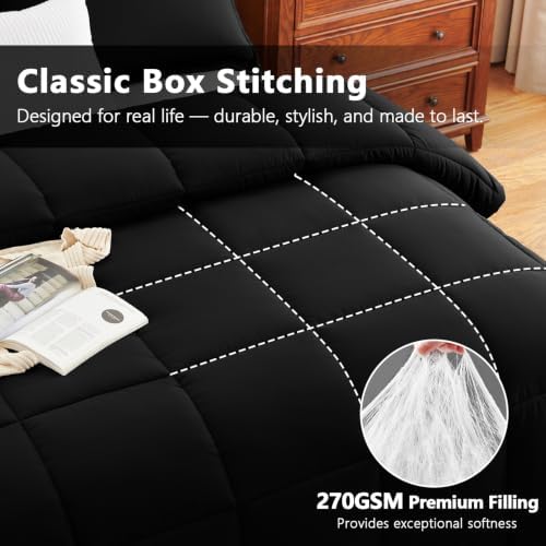 CozyLux King Size Comforter Set, 3-Piece Box-Stitched, Black