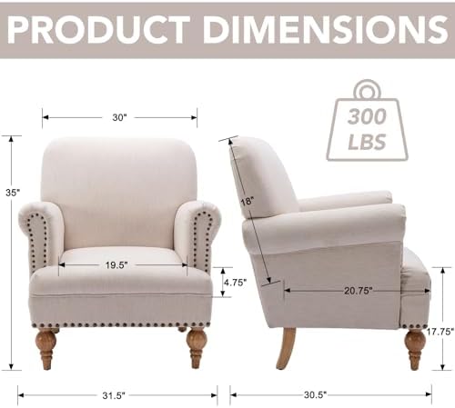 Beige Linen Fabric Accent Chair, Modern Farmhouse Upholstered Armchair with N...