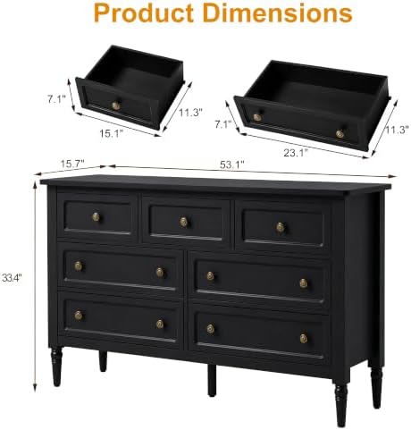 RoyalCraft 7 Drawer Dresser for Bedroom, 53" Wide Vintage Chest of Drawers