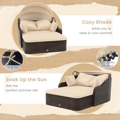 Moccha Outdoor Daybed with Retractable Canopy - PE Rattan Double Chaise Loung...