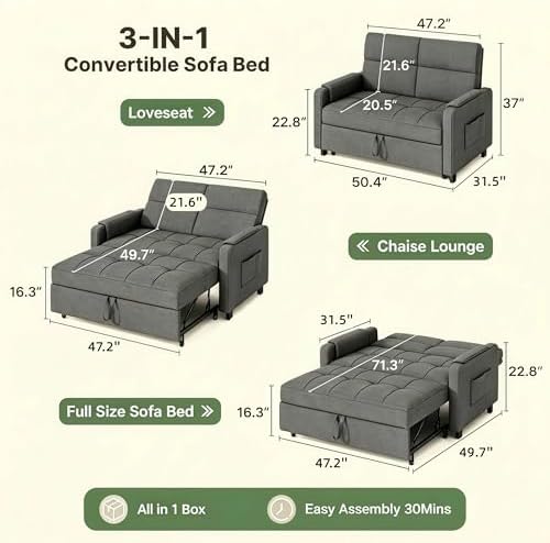 Gizoon Convertible Sofa Bed Modern Couch Bed & Small Loveseat Sleeper, Grey