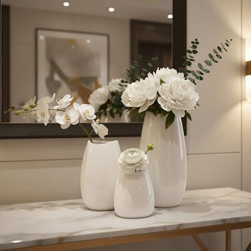 hjn Ceramic Vase Set of 3 White Flower Vase for Home Decor, Modern Decorative...