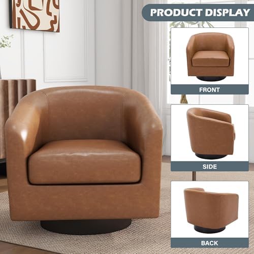 Faux Leather Swivel Accent Chairs Set of 2, Barrel Armchair, Brown