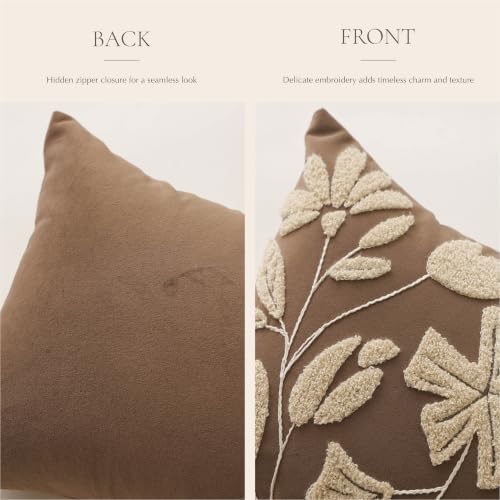 12x20 Lumbar Pillow Cover, Rectangular Brown Decorative Throw Pillowcase for Couch Sofa, Embroidered Velvet Farmhouse Accent Cushion (Cover Only)