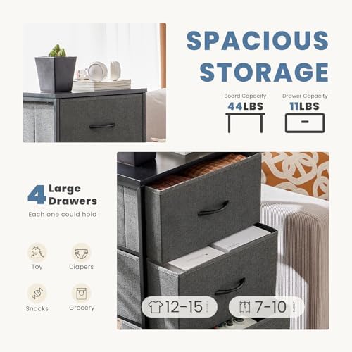 DUMOS Nightstand, Bedside Table with 4 Fabric Drawers