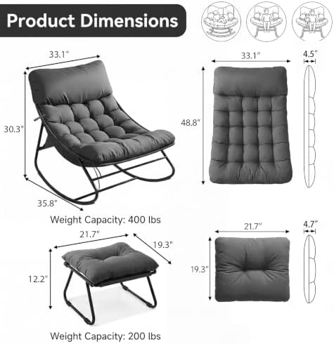 Aoxun Outdoor Rocking Chair with Ottmans, Cozy Papasan Rocking Chair with Thi...