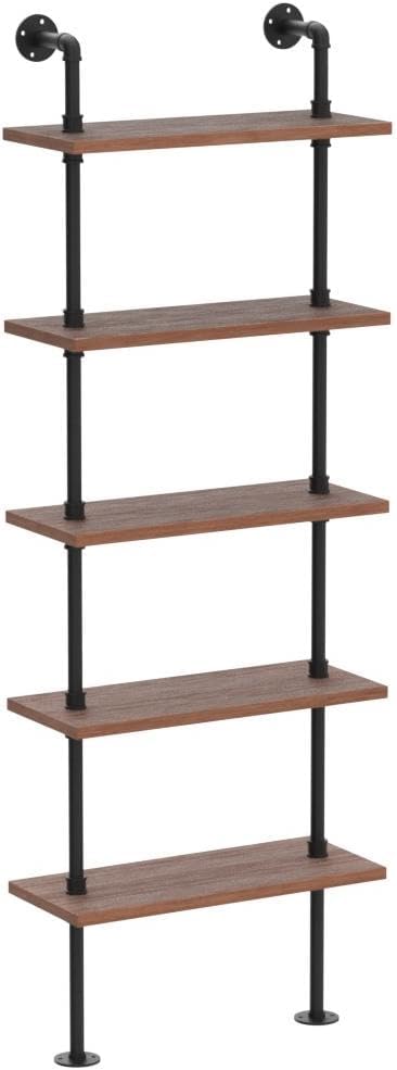 5 Tier Industrial Ladder Bookshelf, Wall Mounted Wood Metal Rustic Pipe Shelv...