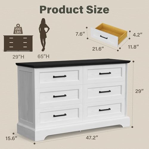 YESHOMY Dresser for Bedroom, Farmhouse 6 Drawers Dressers, White and Black