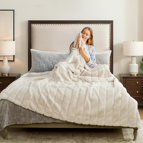 Cozy Bliss Deluxe Sheared Rabbit Faux Fur Throw Blanket, Soft Fuzzy High-Low ...