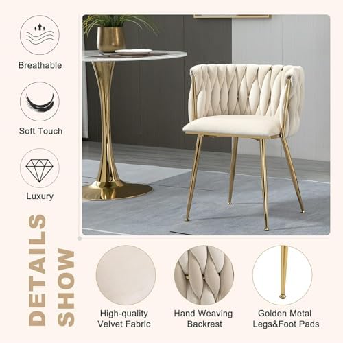 NIOIIKIT Modern Velvet Dining Chairs Set of 2 Hand Weaving Accent Chairs Livi...