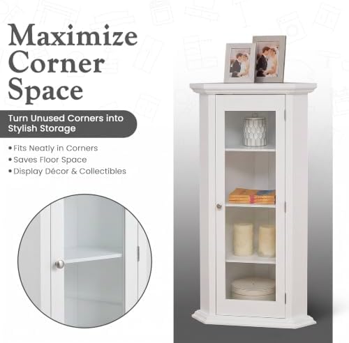 Kings Brand Corner Curio Display Cabinet w/Glass Door & Shelves, White