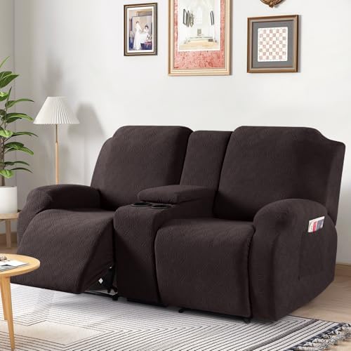 VANSOFY Stretch Recliner Loveseat Cover with Middle Console, Chocolate | 4-Pieces, Soft Furniture Protector, Washable Slipcover with Pocket, Pets Sofa Cover, High Stretchy fabric Couch Cover