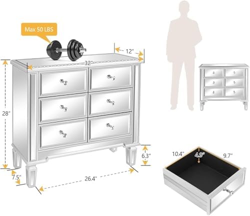 VINGLI Mirrored Dresser for Bedroom with 6 Storage Drawer Modern Chest of Dra...