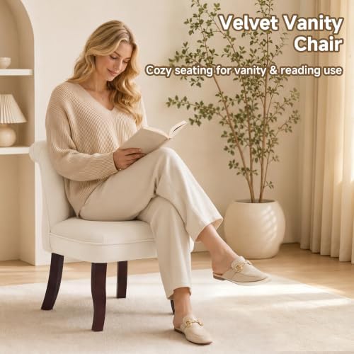 Velvet Vanity Chair with Back, Upholstered Tufted Vanity Stool with Solid Woo...