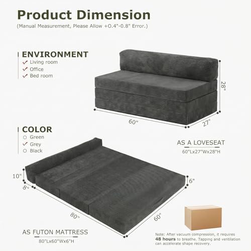5-in-1 Convertible Sofa Bed, Boneless Loveseat, Tri-fold Futon Sofa Bed with ...