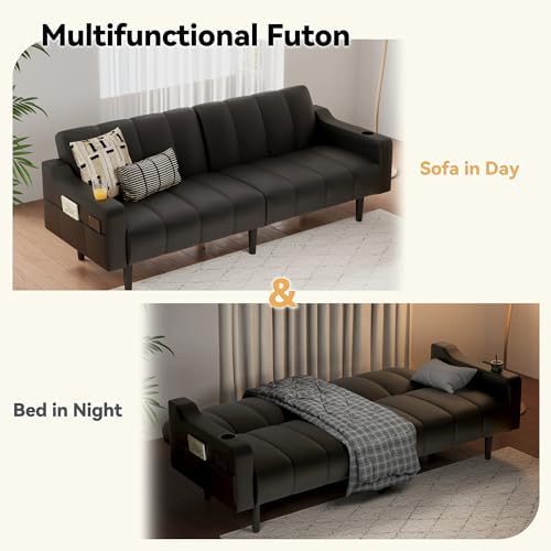 80'' Futon Sofa Bed,Faux Leather Futon Sleeper Sofa, Convertible Love...