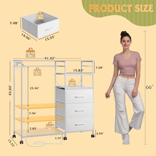 WLIVE LED Dresser for Bedroom, 3 Drawers with Hanging Rack, White