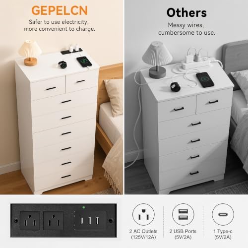 GEPELCN 55.2" Tall Dresser with Charging Station Wooden 8 Drawer Dresser...