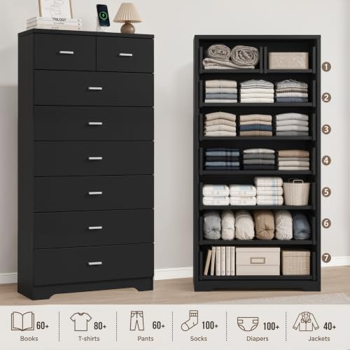 GEPELCN 55.2" Tall Dresser with Charging Station Wooden 8 Drawer Dresser...