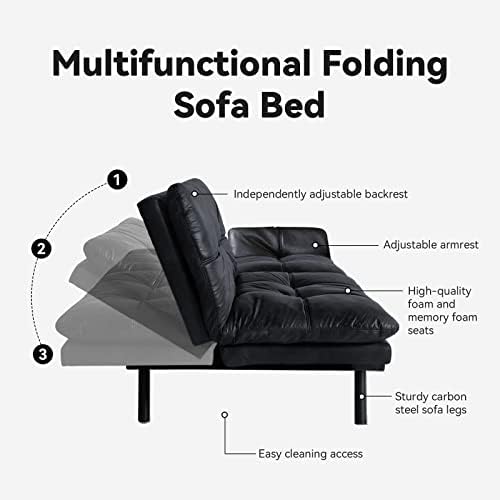 Opoiar Futon Sofa Bed Couch with Frame and Mattress,Black Faxu Memory Foam Le...