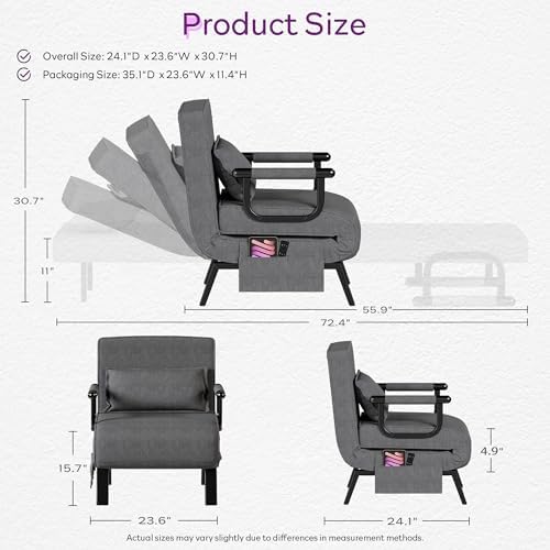 TYBOATLE Sleep Chair, Folding Sleeper Chairs for Adults (Dark Grey)