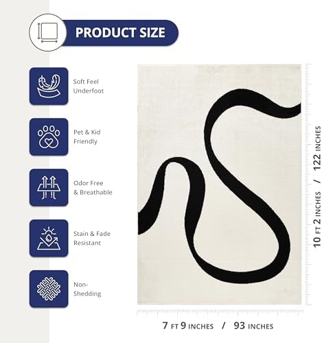 Abani Black and Cream Area Rug | White Abstract Swirl Wave Carpet | 8' x ...