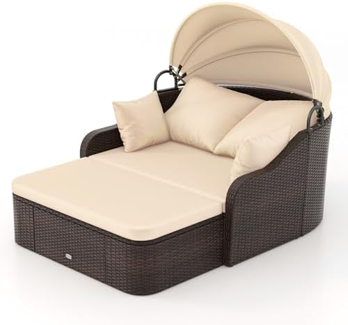 Moccha Outdoor Daybed with Retractable Canopy - PE Rattan Double Chaise Loung...