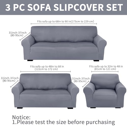 Peryiter 3 Pcs Couch and Loveseat Sofa Covers,Light Gray,Milk Silk