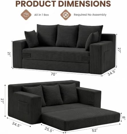 JUIKURY Boneless Couches 70 inch: 3-in-1 Convertible Sofa Bed Futon Couch Bed...