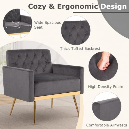 Giantex Modern Velvet Accent Chair, Upholstered Single Sofa Chair (Grey)