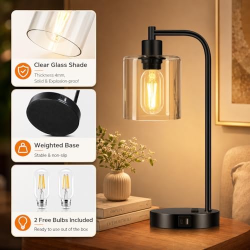 Set of 2 Industrial Touch Control Table Lamps with USB C+A Ports and AC Outle...