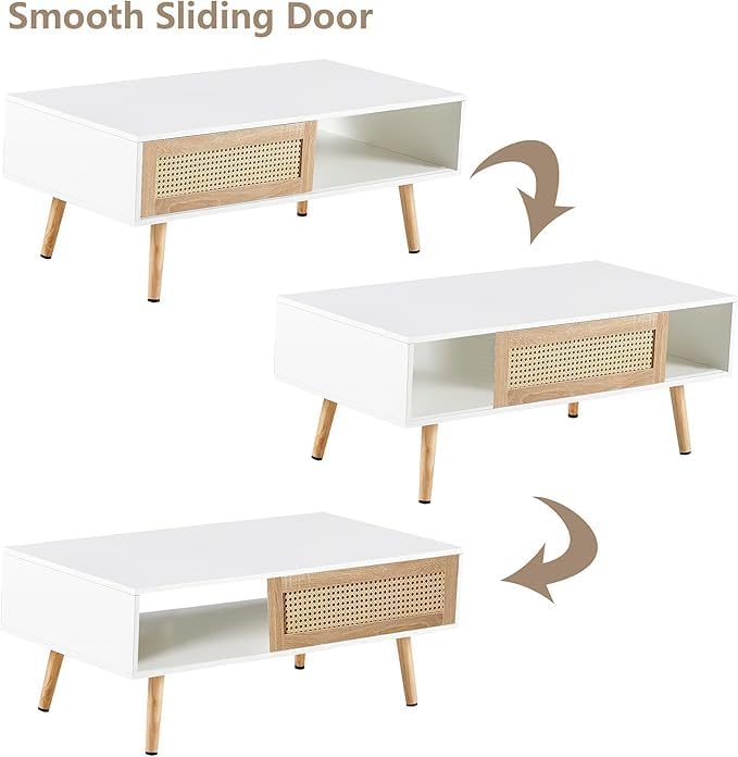 Rattan Center Table and Nightstand Set, 3-Piece Wood Living Room Table Set In...